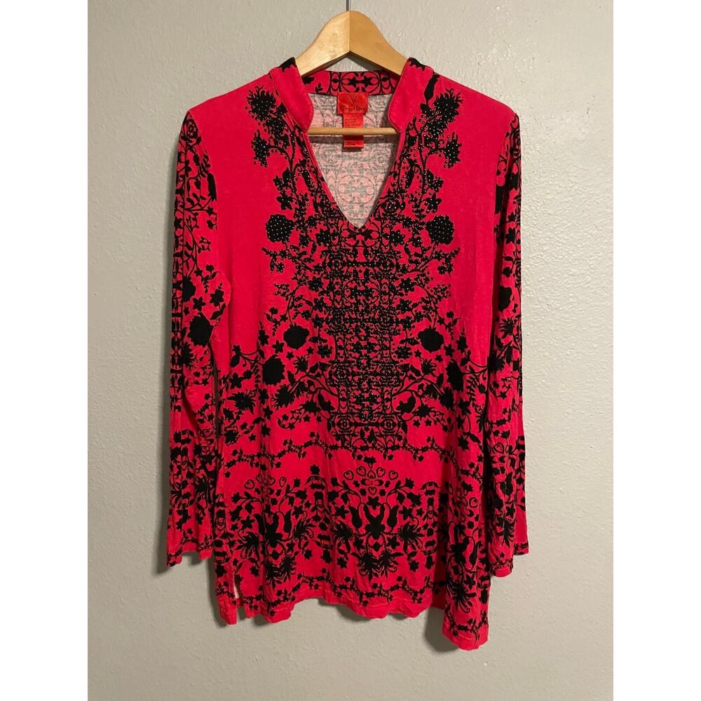 Christina Womens Tunic Large Red Black Floral Studded Stretch Fairy Whimsigoth